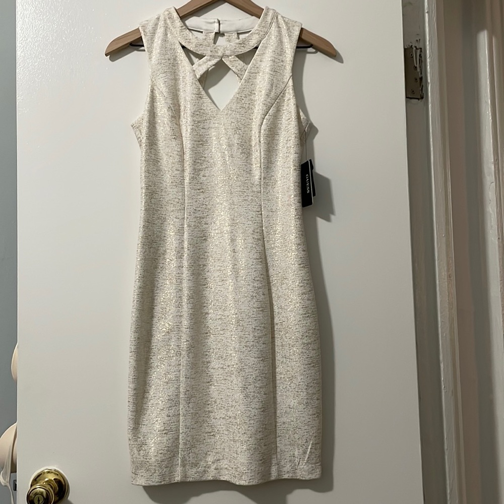 Guess Ivory Gold Sleeveless Cutout Sheath Dress Sz 2